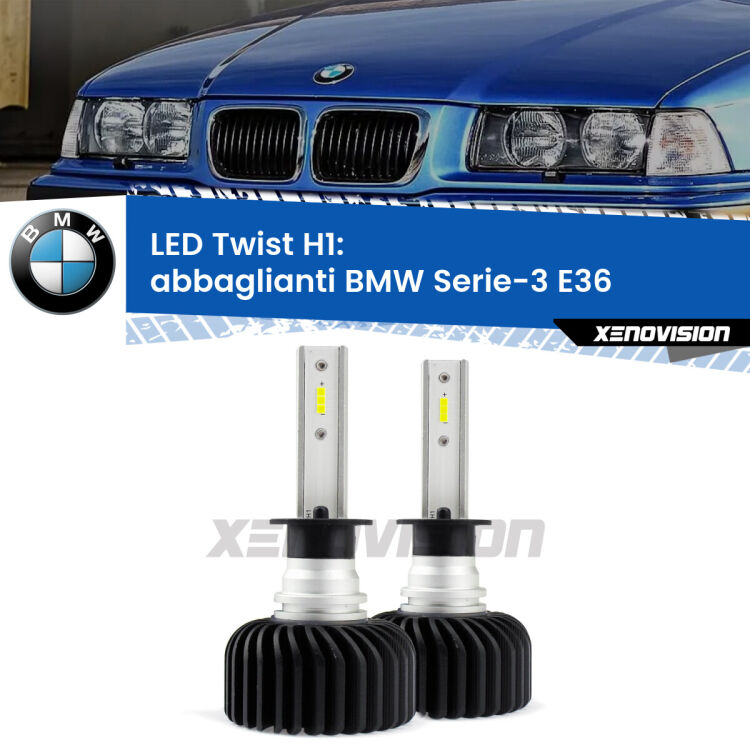<strong>Kit abbaglianti LED</strong> H1 per <strong>BMW Serie-3</strong> E36 1990-1994. Compatte, impermeabili, senza ventola: praticamente indistruttibili. Top Quality.