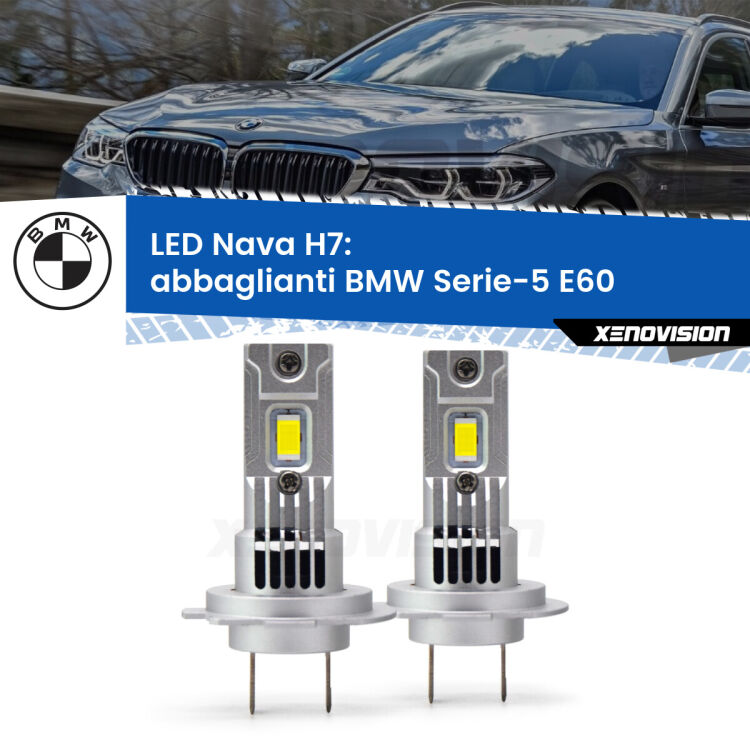 0 Abbaglianti LED BMW Serie-5 E60 2003 -2010: H7 Nava <strong>Abbaglianti LED no-spie per BMW Serie-5</strong> E60 2003 -2010. Coppia lampade <strong>H7</strong> modello Nava canbus, raffreddate a ventola.