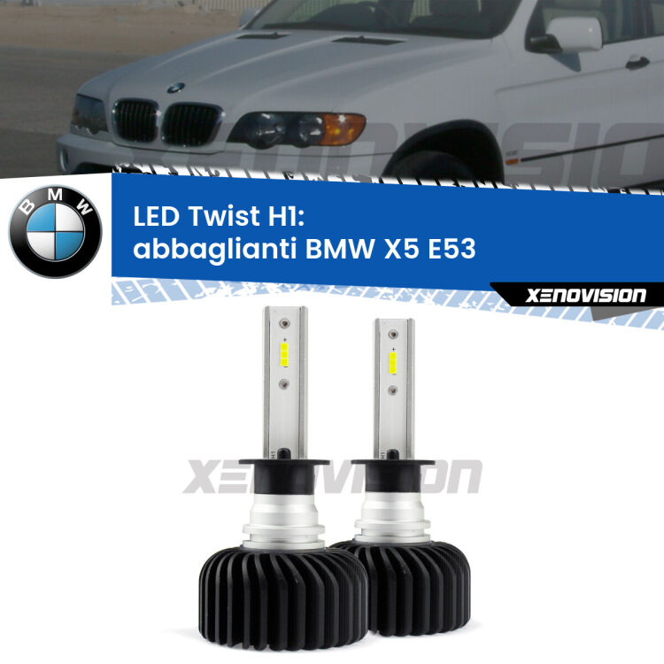 <strong>Kit abbaglianti LED</strong> H1 per <strong>BMW X5</strong> E53 2003-2005. Compatte, impermeabili, senza ventola: praticamente indistruttibili. Top Quality.
