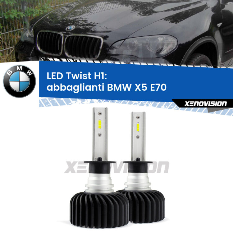 <strong>Kit abbaglianti LED</strong> H1 per <strong>BMW X5</strong> E70 2006-2013. Compatte, impermeabili, senza ventola: praticamente indistruttibili. Top Quality.