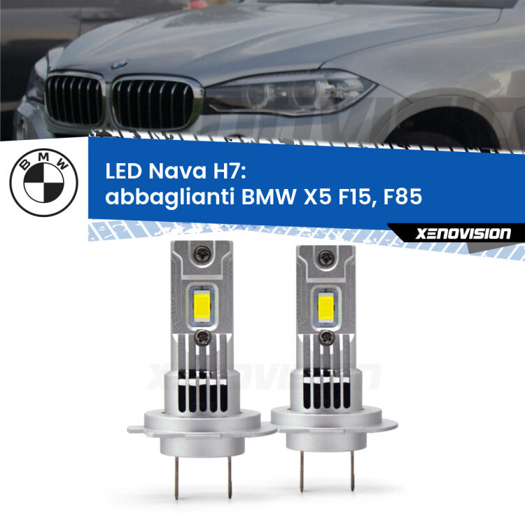 0 Abbaglianti LED BMW X5 F15, F85 2014 -2018: H7 Nava <strong>Abbaglianti LED no-spie per BMW X5</strong> F15, F85 2014 -2018. Coppia lampade <strong>H7</strong> modello Nava canbus, raffreddate a ventola.