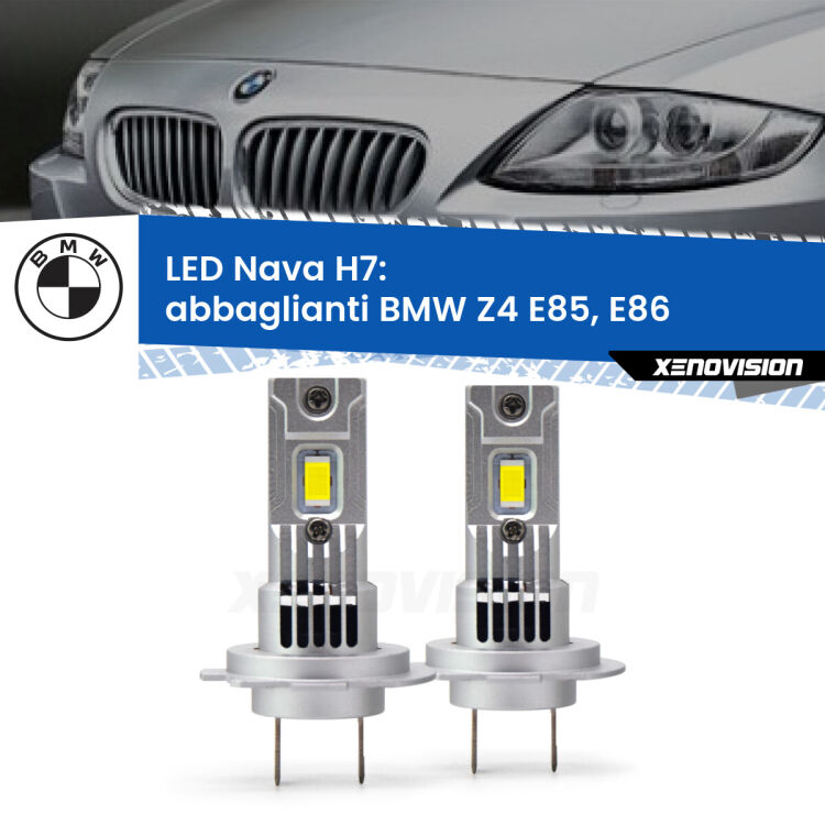 Abbaglianti LED BMW Z4 E85, E86 2003 -2008: H7 Nava <strong>Abbaglianti LED no-spie per BMW Z4</strong> E85, E86 2003 -2008. Coppia lampade <strong>H7</strong> modello Nava canbus, raffreddate a ventola.