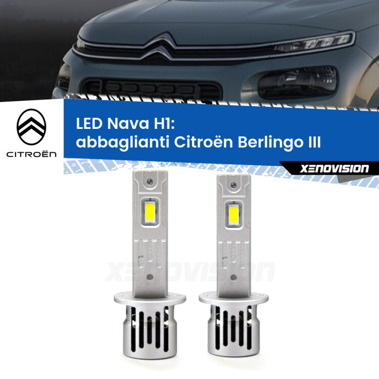 Abbaglianti LED Citroën Berlingo III 2018 in poi: H1 Nava <strong>Abbaglianti LED no-spie per Citroën Berlingo</strong> III 2018 in poi. Coppia lampade <strong> H1</strong> modello Nava canbus, raffreddate a ventola.