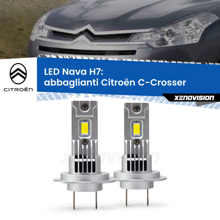 Abbaglianti LED Citroën C-Crosser  2007 -2012: H7 Nava <strong>Abbaglianti LED no-spie per Citroën C-Crosser</strong>  2007 -2012. Coppia lampade <strong>H7</strong> modello Nava canbus, raffreddate a ventola.