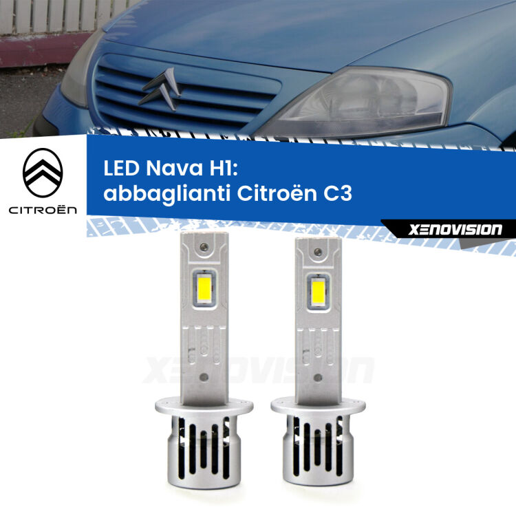 Abbaglianti LED Citroën C3  2002 -2009: H1 Nava <strong>Abbaglianti LED no-spie per Citroën C3</strong>  2002 -2009. Coppia lampade <strong> H1</strong> modello Nava canbus, raffreddate a ventola.