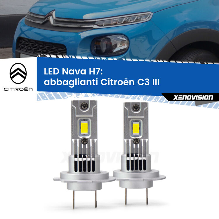 0 Abbaglianti LED Citroën C3 III 2016 in poi: H7 Nava <strong>Abbaglianti LED no-spie per Citroën C3</strong> III 2016 in poi. Coppia lampade <strong>H7</strong> modello Nava canbus, raffreddate a ventola.