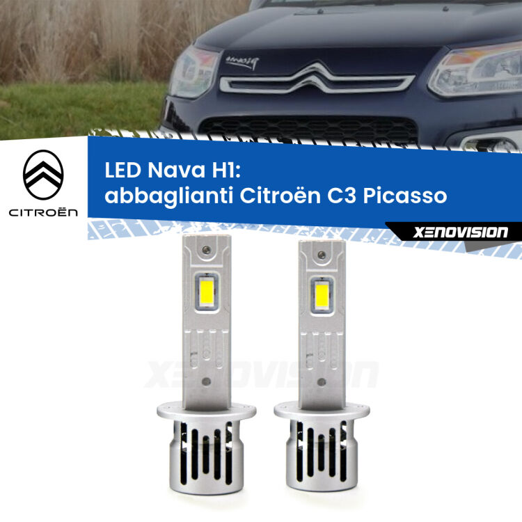 Abbaglianti LED Citroën C3 Picasso  2009 -2016: H1 Nava <strong>Abbaglianti LED no-spie per Citroën C3 Picasso</strong>  2009 -2016. Coppia lampade <strong> H1</strong> modello Nava canbus, raffreddate a ventola.