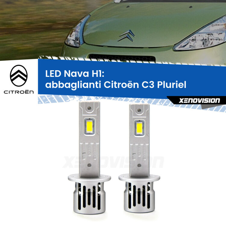 0 Abbaglianti LED Citroën C3 Pluriel 2003 -2010: H1 Nava <strong>Abbaglianti LED no-spie per Citroën C3 Pluriel</strong> 2003 -2010. Coppia lampade <strong> H1</strong> modello Nava canbus, raffreddate a ventola.