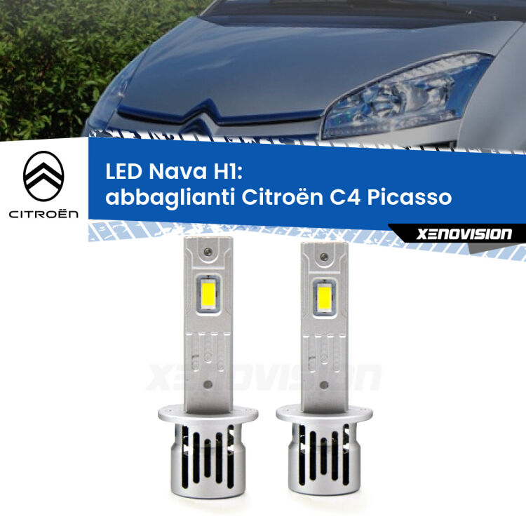 0 Abbaglianti LED Citroën C4 Picasso 2006 -2013: H1 Nava <strong>Abbaglianti LED no-spie per Citroën C4 Picasso</strong> 2006 -2013. Coppia lampade <strong> H1</strong> modello Nava canbus, raffreddate a ventola.