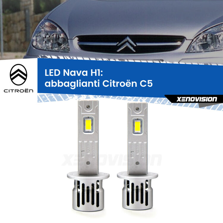 Abbaglianti LED Citroën C5  con fari Xenon: H1 Nava <strong>Abbaglianti LED no-spie per Citroën C5</strong>  con fari Xenon. Coppia lampade <strong> H1</strong> modello Nava canbus, raffreddate a ventola.