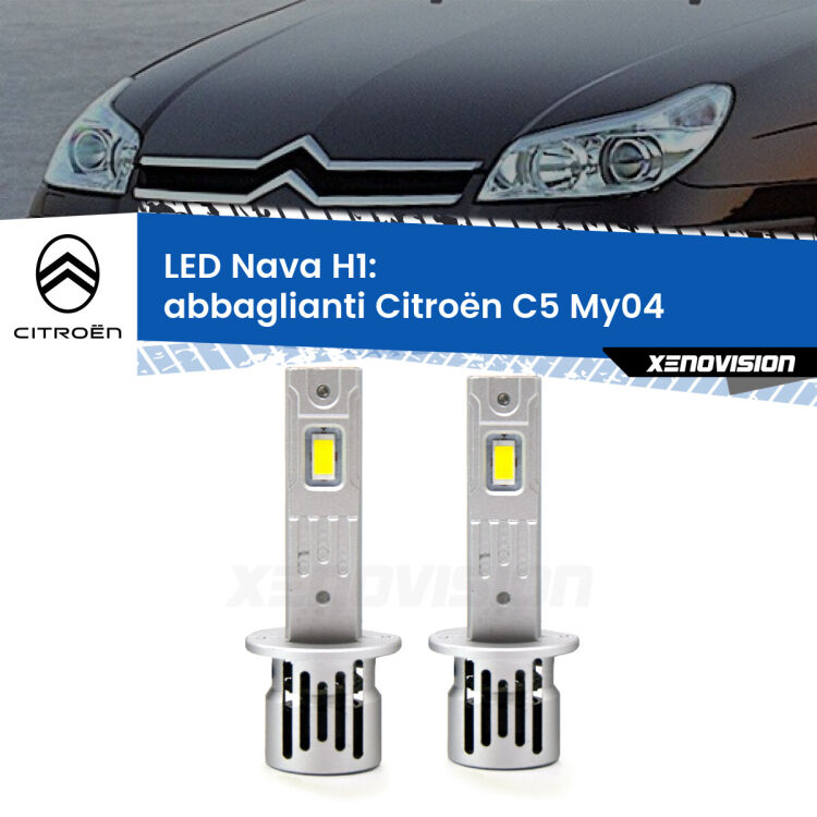 Abbaglianti LED Citroën C5 My04 2004 -2008: H1 Nava <strong>Abbaglianti LED no-spie per Citroën C5</strong> My04 2004 -2008. Coppia lampade <strong> H1</strong> modello Nava canbus, raffreddate a ventola.