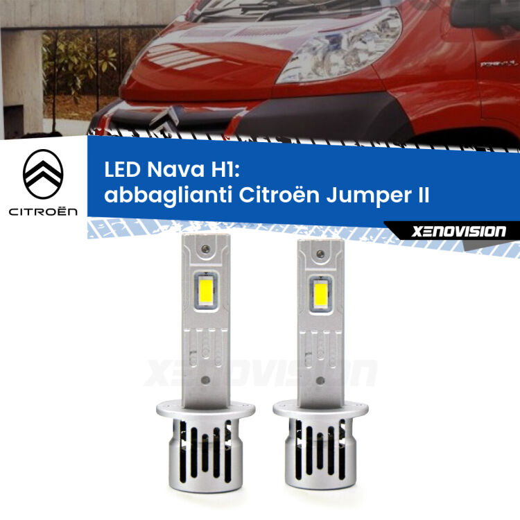 0 Abbaglianti LED Citroën Jumper II 2002 in poi: H1 Nava <strong>Abbaglianti LED no-spie per Citroën Jumper</strong> II 2002 in poi. Coppia lampade <strong> H1</strong> modello Nava canbus, raffreddate a ventola.
