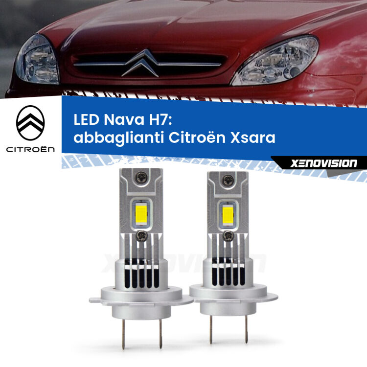 Abbaglianti LED Citroën Xsara  a parabola doppia: H7 Nava <strong>Abbaglianti LED no-spie per Citroën Xsara</strong>  a parabola doppia. Coppia lampade <strong>H7</strong> modello Nava canbus, raffreddate a ventola.