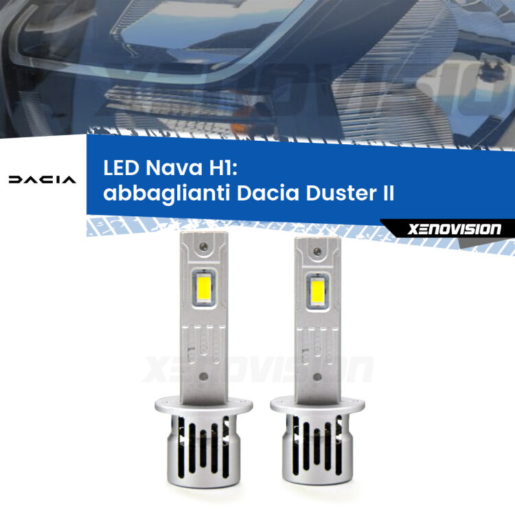 0 Abbaglianti LED Dacia Duster II prima serie: H1 Nava <strong>Abbaglianti LED no-spie per Dacia Duster</strong> II prima serie. Coppia lampade <strong> H1</strong> modello Nava canbus, raffreddate a ventola.