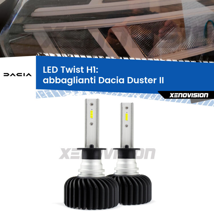 Abbaglianti LED Dacia Duster II restyling: H1 11,000Lm <strong>Kit abbaglianti LED</strong> H1 per <strong>Dacia Duster</strong> II restyling. Compatte, impermeabili, senza ventola: praticamente indistruttibili. Top Quality.