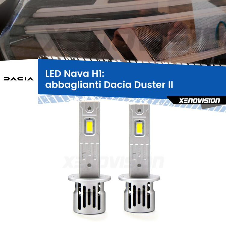 0 Abbaglianti LED Dacia Duster II restyling: H1 Nava <strong>Abbaglianti LED no-spie per Dacia Duster</strong> II restyling. Coppia lampade <strong> H1</strong> modello Nava canbus, raffreddate a ventola.