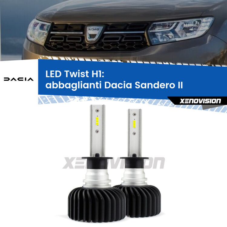 Abbaglianti LED Dacia Sandero II a parabola doppia: H1 11,000Lm <strong>Kit abbaglianti LED</strong> H1 per <strong>Dacia Sandero II</strong> a parabola doppia. Compatte, impermeabili, senza ventola: praticamente indistruttibili. Top Quality.