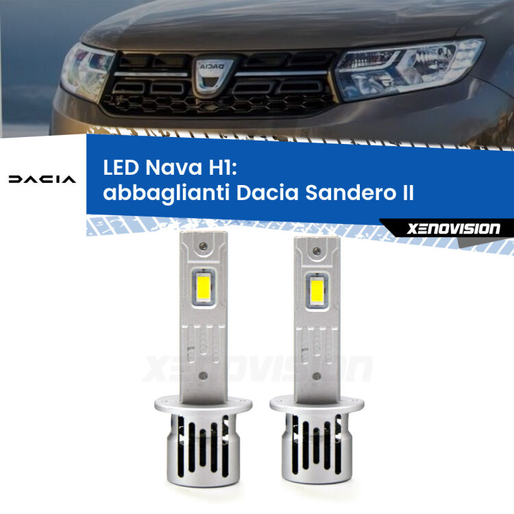 0 Abbaglianti LED Dacia Sandero II a parabola doppia: H1 Nava <strong>Abbaglianti LED no-spie per Dacia Sandero II</strong> a parabola doppia. Coppia lampade <strong> H1</strong> modello Nava canbus, raffreddate a ventola.
