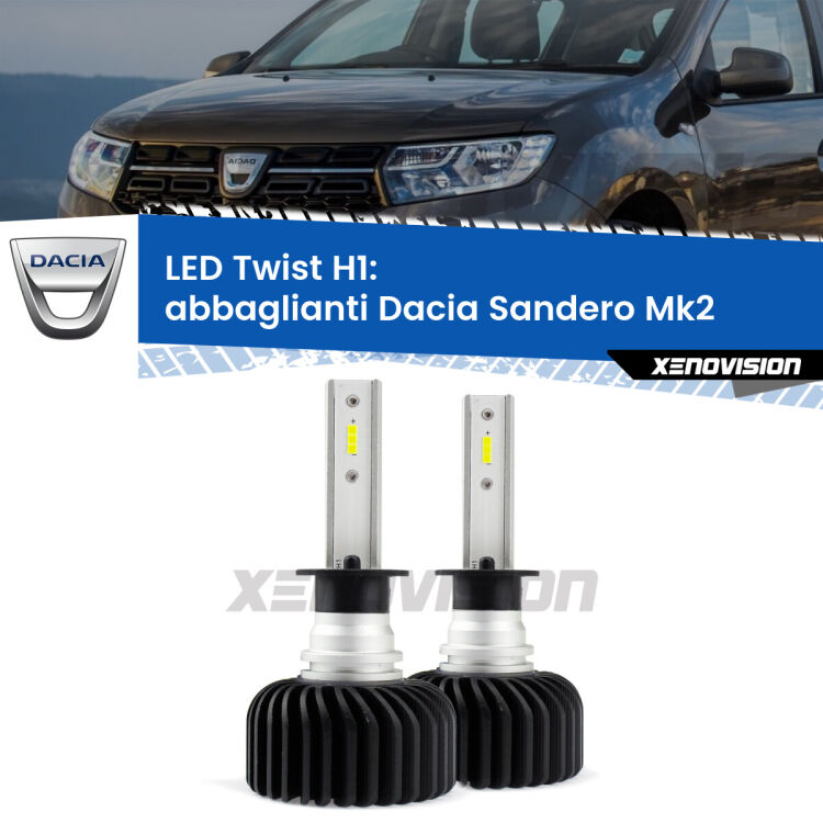 <strong>Kit abbaglianti LED</strong> H1 per <strong>Dacia Sandero</strong> Mk2 a parabola doppia. Compatte, impermeabili, senza ventola: praticamente indistruttibili. Top Quality.