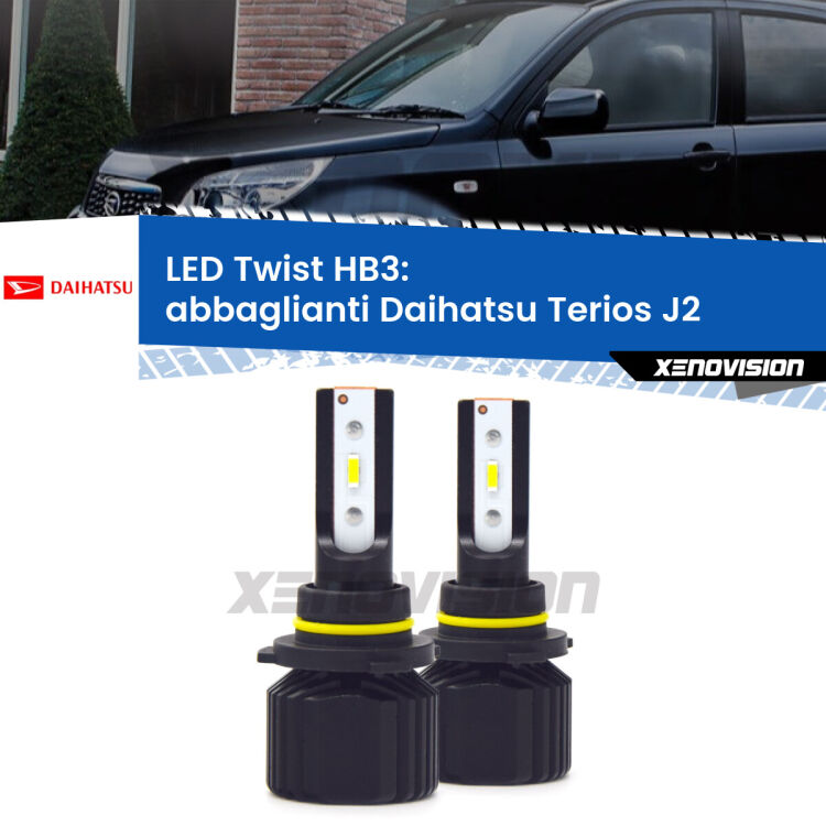 <strong>Kit abbaglianti LED</strong> HB3 per <strong>Daihatsu Terios</strong> J2 a parabola doppia. Compatte, impermeabili, senza ventola: praticamente indistruttibili. Top Quality.