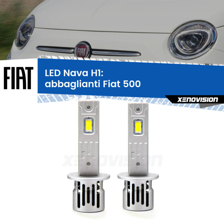 Abbaglianti LED Fiat 500  2007 -2014: H1 Nava <strong>Abbaglianti LED no-spie per Fiat 500</strong>  2007 -2014. Coppia lampade <strong> H1</strong> modello Nava canbus, raffreddate a ventola.