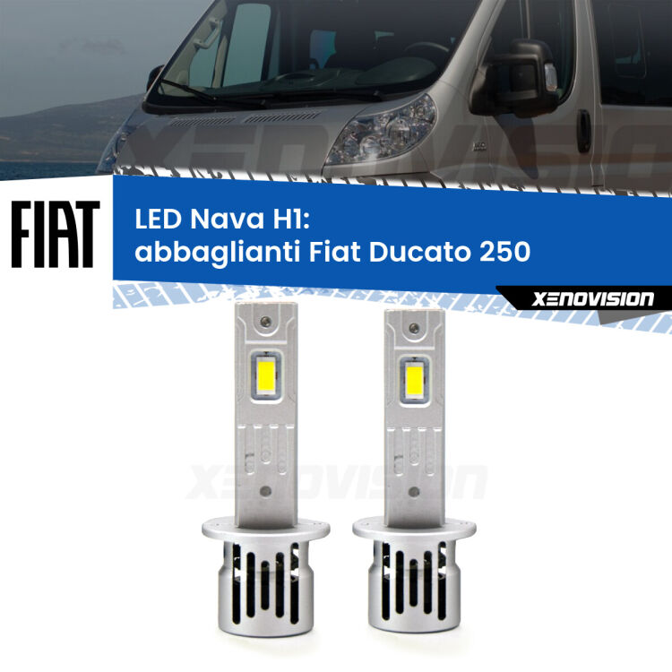 Abbaglianti LED Fiat Ducato 250 senza luci diurne: H1 Nava <strong>Abbaglianti LED no-spie per Fiat Ducato</strong> 250 senza luci diurne. Coppia lampade <strong> H1</strong> modello Nava canbus, raffreddate a ventola.