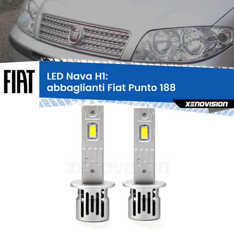 Abbaglianti LED Fiat Punto 188 2002 -2010: H1 Nava <strong>Abbaglianti LED no-spie per Fiat Punto</strong> 188 2002 -2010. Coppia lampade <strong> H1</strong> modello Nava canbus, raffreddate a ventola.