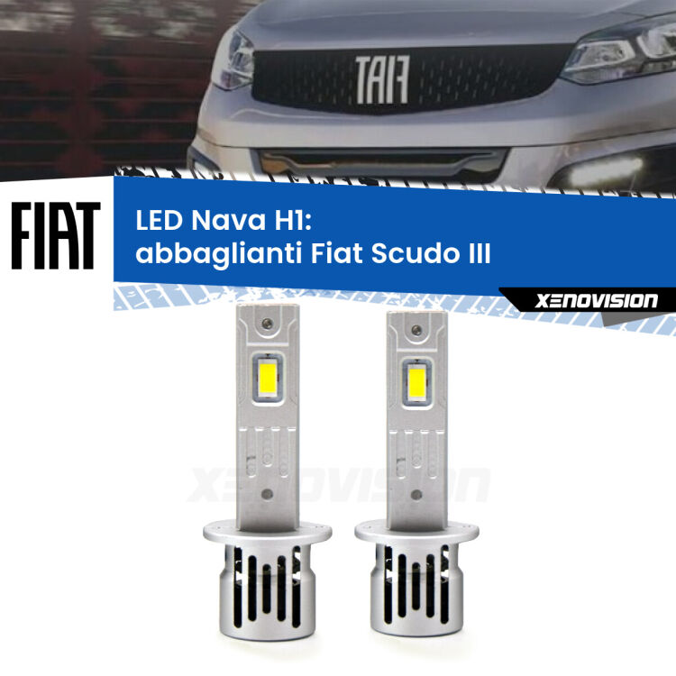 0 Abbaglianti LED Fiat Scudo III 2022 in poi: H1 Nava <strong>Abbaglianti LED no-spie per Fiat Scudo</strong> III 2022 in poi. Coppia lampade <strong> H1</strong> modello Nava canbus, raffreddate a ventola.