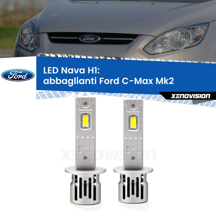 Abbaglianti LED Ford C-Max Mk2 2011 -2019: H1 Nava <strong>Abbaglianti LED no-spie per Ford C-Max</strong> Mk2 2011 -2019. Coppia lampade <strong> H1</strong> modello Nava canbus, raffreddate a ventola.