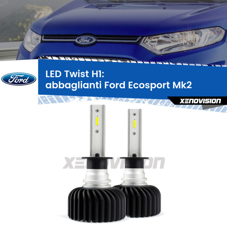 <strong>Kit abbaglianti LED</strong> H1 per <strong>Ford Ecosport</strong> Mk2 2018-2016. Compatte, impermeabili, senza ventola: praticamente indistruttibili. Top Quality.