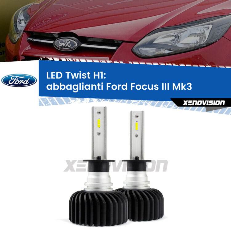 <strong>Kit abbaglianti LED</strong> H1 per <strong>Ford Focus III</strong> Mk3 senza luci diurne. Compatte, impermeabili, senza ventola: praticamente indistruttibili. Top Quality.