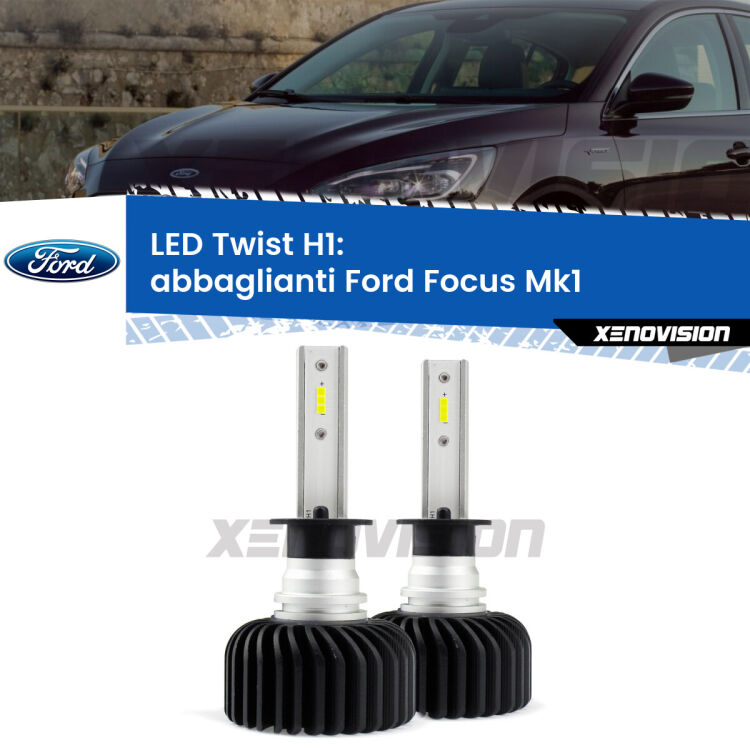 <strong>Kit abbaglianti LED</strong> H1 per <strong>Ford Focus</strong> Mk1 a parabola doppia. Compatte, impermeabili, senza ventola: praticamente indistruttibili. Top Quality.
