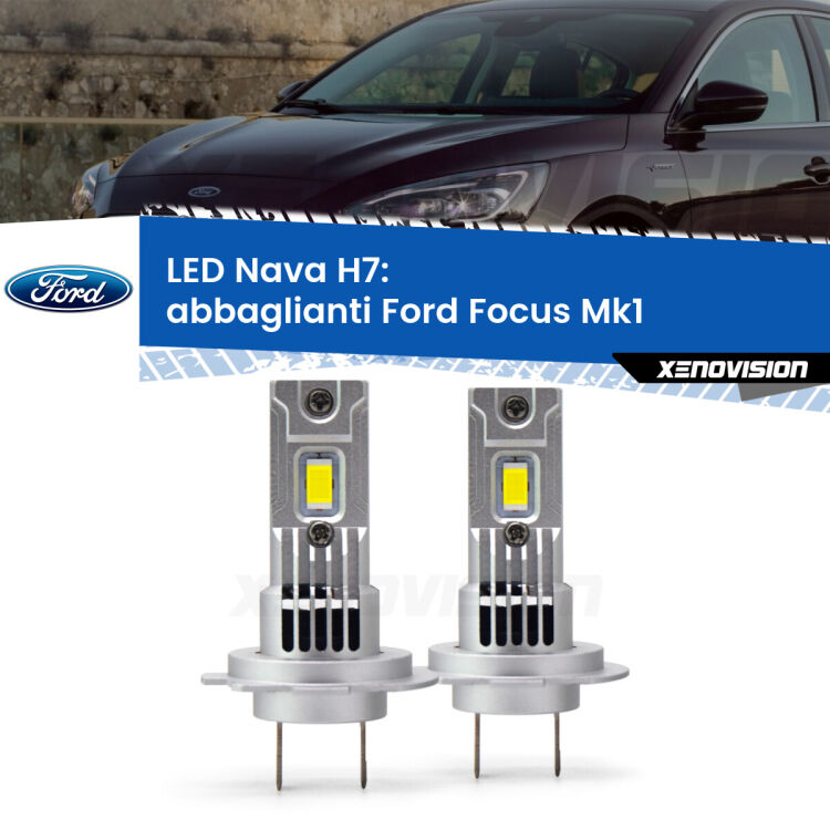 Abbaglianti LED Ford Focus  con fari Xenon: H7 Nava <strong>Abbaglianti LED no-spie per Ford Focus</strong>  con fari Xenon. Coppia lampade <strong>H7</strong> modello Nava canbus, raffreddate a ventola.