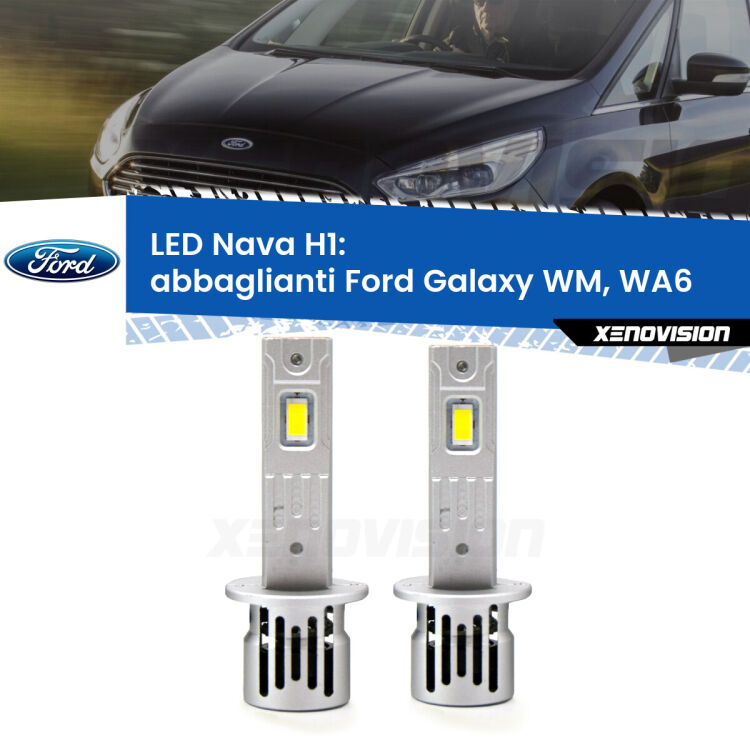 Abbaglianti LED Ford Galaxy WM, WA6 2006 -2015: H1 Nava <strong>Abbaglianti LED no-spie per Ford Galaxy</strong> WM, WA6 2006 -2015. Coppia lampade <strong> H1</strong> modello Nava canbus, raffreddate a ventola.
