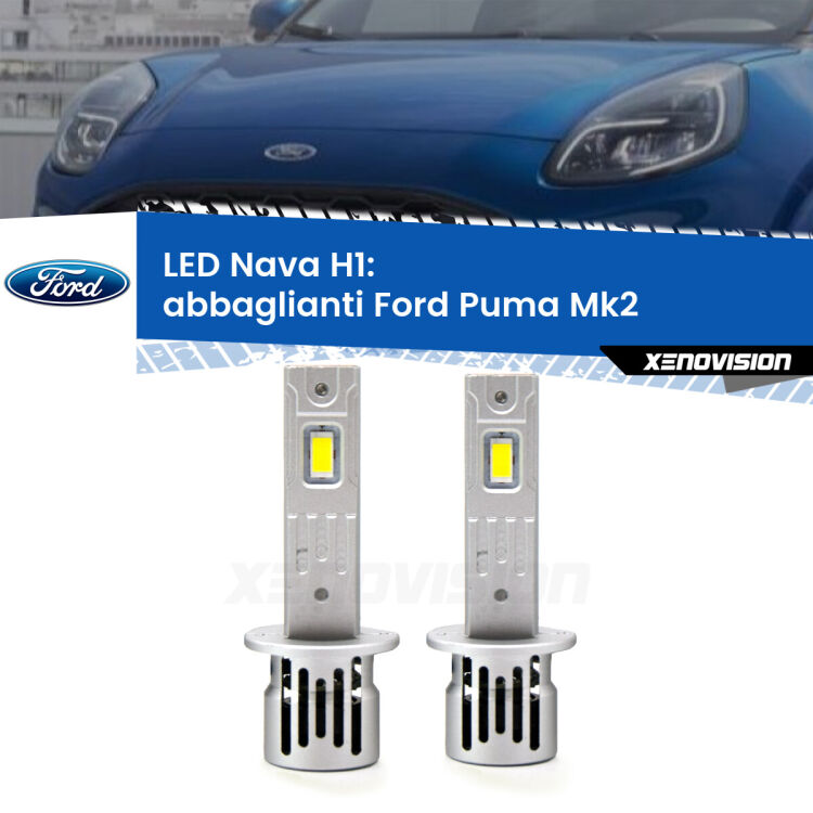 Abbaglianti LED Ford Puma Mk2 2019 in poi: H1 Nava <strong>Abbaglianti LED no-spie per Ford Puma</strong> Mk2 2019 in poi. Coppia lampade <strong> H1</strong> modello Nava canbus, raffreddate a ventola.