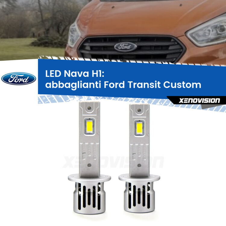 0 Abbaglianti LED Ford Transit Custom con LED di serie: H1 Nava <strong>Abbaglianti LED no-spie per Ford Transit Custom</strong> con LED di serie. Coppia lampade <strong> H1</strong> modello Nava canbus, raffreddate a ventola.