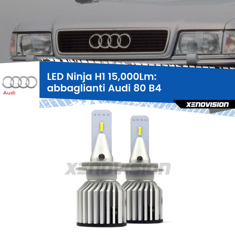 <strong>Kit abbaglianti LED specifico per Audi 80</strong> B4 a parabola doppia. Lampade <strong>H1</strong> Canbus da 15.000Lumen di luminosità modello Ninja Xenovision.