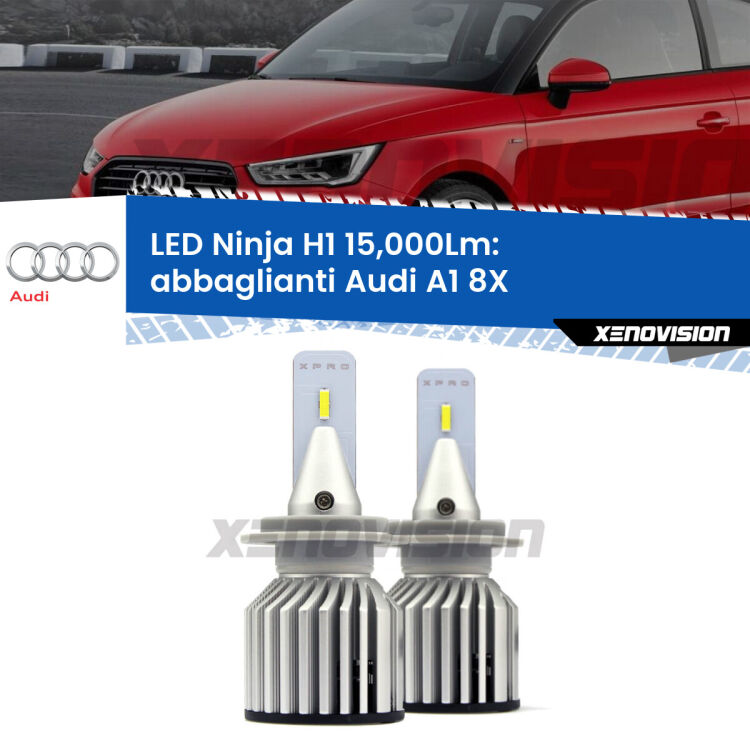 <strong>Kit abbaglianti LED specifico per Audi A1</strong> 8X 2010-2014. Lampade <strong>H1</strong> Canbus da 15.000Lumen di luminosità modello Ninja Xenovision.