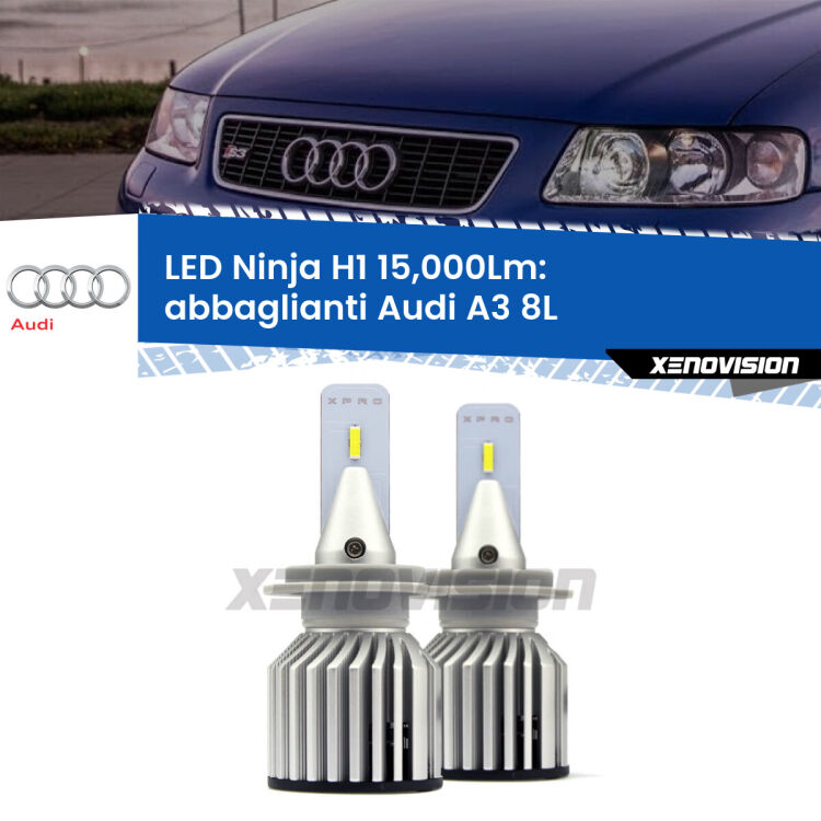 <strong>Kit abbaglianti LED specifico per Audi A3</strong> 8L 1996-2000. Lampade <strong>H1</strong> Canbus da 15.000Lumen di luminosità modello Ninja Xenovision.