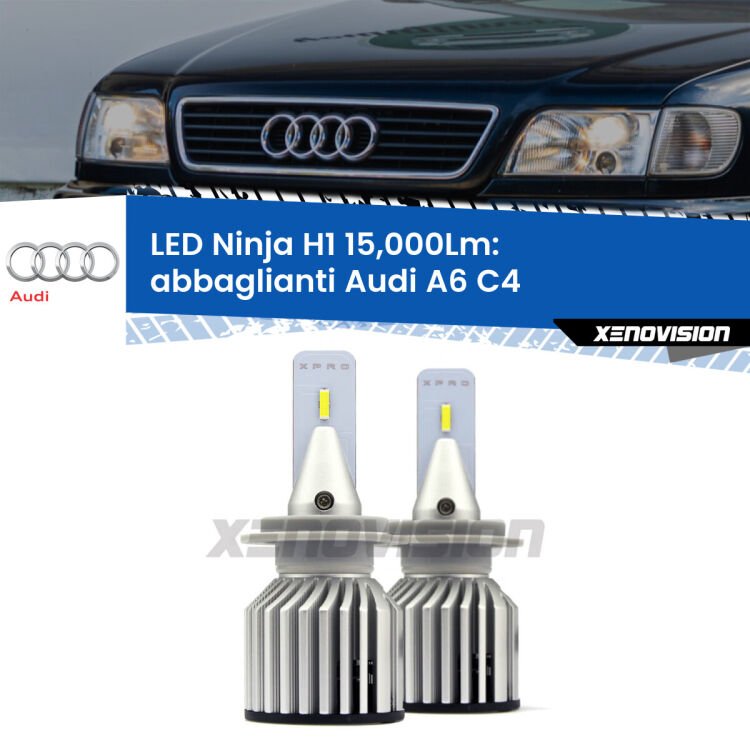 <strong>Kit abbaglianti LED specifico per Audi A6</strong> C4 1994-1997. Lampade <strong>H1</strong> Canbus da 15.000Lumen di luminosità modello Ninja Xenovision.