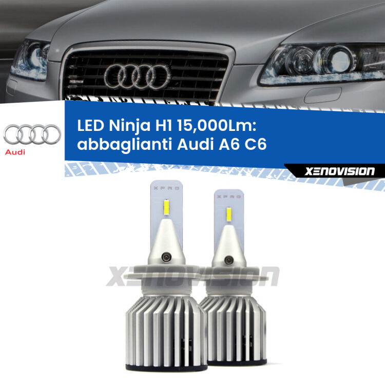 <strong>Kit abbaglianti LED specifico per Audi A6</strong> C6 2004-2008. Lampade <strong>H1</strong> Canbus da 15.000Lumen di luminosità modello Ninja Xenovision.