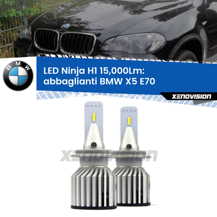 <strong>Kit abbaglianti LED specifico per BMW X5</strong> E70 2006-2013. Lampade <strong>H1</strong> Canbus da 15.000Lumen di luminosità modello Ninja Xenovision.