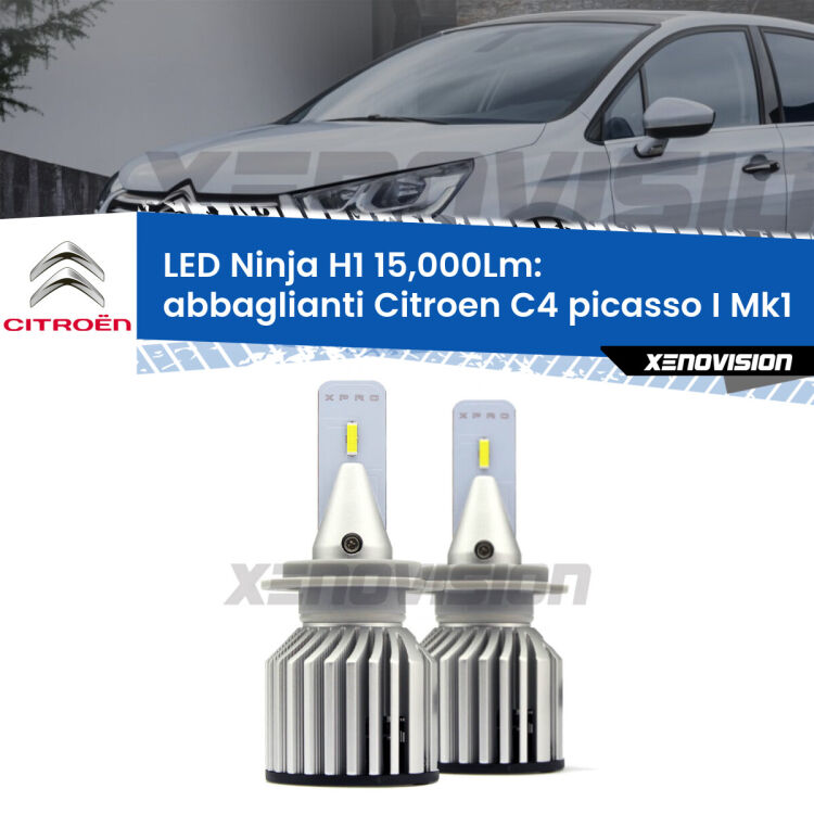 <strong>Kit abbaglianti LED specifico per Citroen C4 picasso I</strong> Mk1 2007-2013. Lampade <strong>H1</strong> Canbus da 15.000Lumen di luminosità modello Ninja Xenovision.