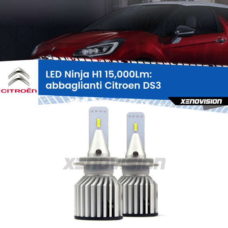 <strong>Kit abbaglianti LED specifico per Citroen DS3</strong>  2009-2015. Lampade <strong>H1</strong> Canbus da 15.000Lumen di luminosità modello Ninja Xenovision.