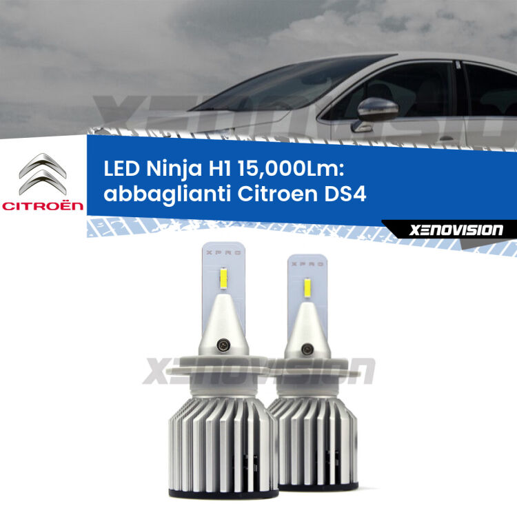 <strong>Kit abbaglianti LED specifico per Citroen DS4</strong>  2011-2015. Lampade <strong>H1</strong> Canbus da 15.000Lumen di luminosità modello Ninja Xenovision.