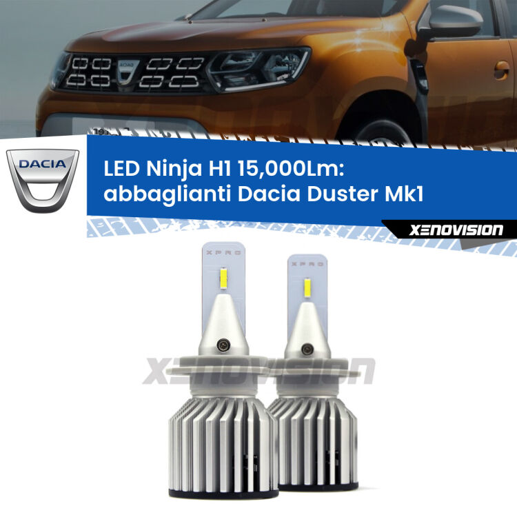 <strong>Kit abbaglianti LED specifico per Dacia Duster</strong> Mk1 2010-2016. Lampade <strong>H1</strong> Canbus da 15.000Lumen di luminosità modello Ninja Xenovision.
