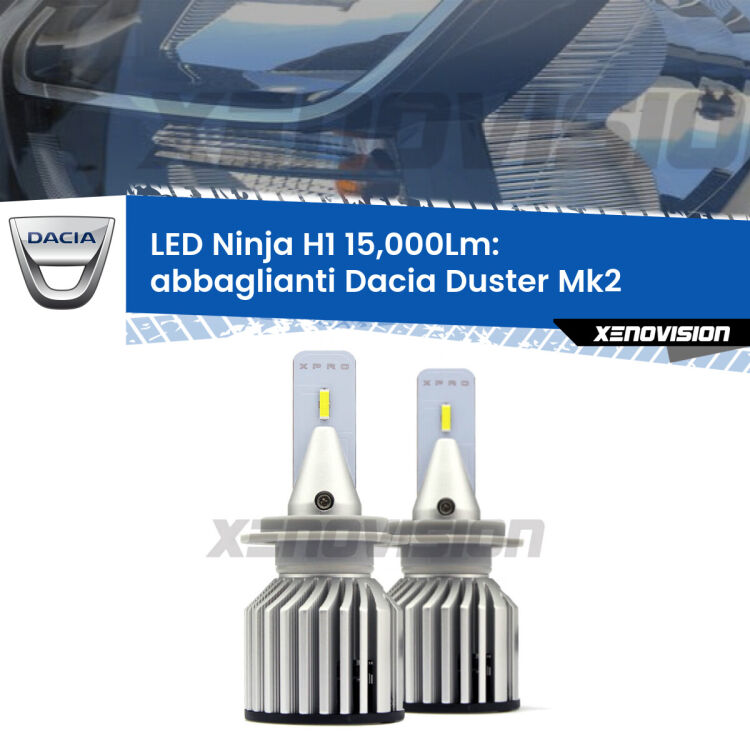 <strong>Kit abbaglianti LED specifico per Dacia Duster</strong> Mk2 prima serie. Lampade <strong>H1</strong> Canbus da 15.000Lumen di luminosità modello Ninja Xenovision.