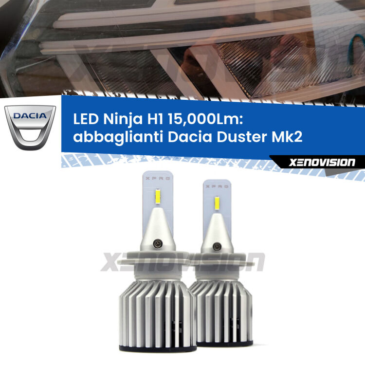 <strong>Kit abbaglianti LED specifico per Dacia Duster</strong> Mk2 restyling. Lampade <strong>H1</strong> Canbus da 15.000Lumen di luminosità modello Ninja Xenovision.