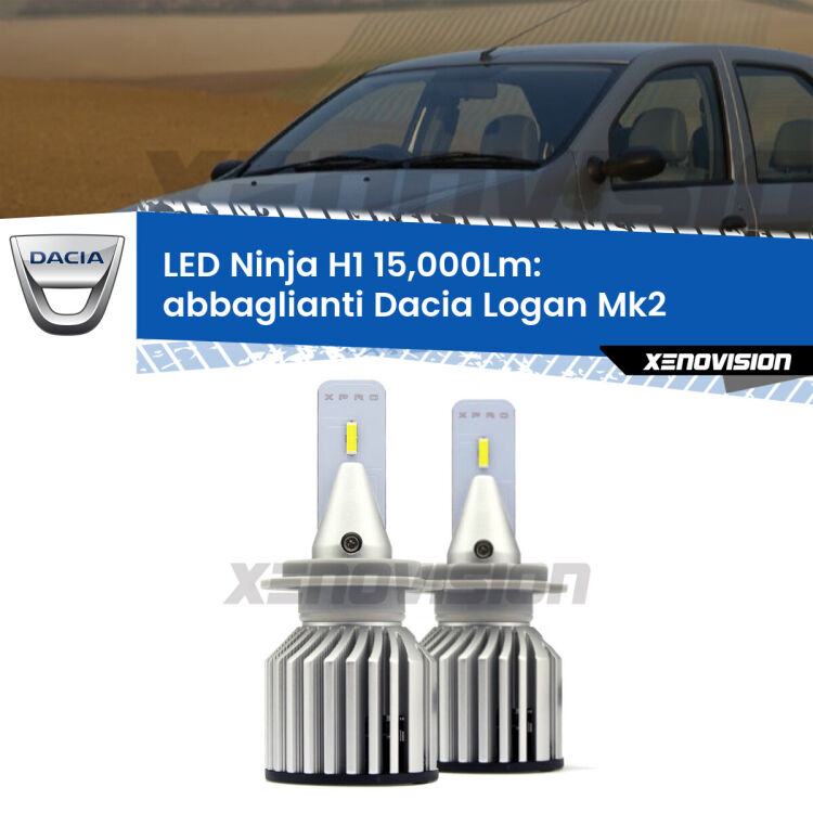<strong>Kit abbaglianti LED specifico per Dacia Logan</strong> Mk2 a parabola doppia. Lampade <strong>H1</strong> Canbus da 15.000Lumen di luminosità modello Ninja Xenovision.
