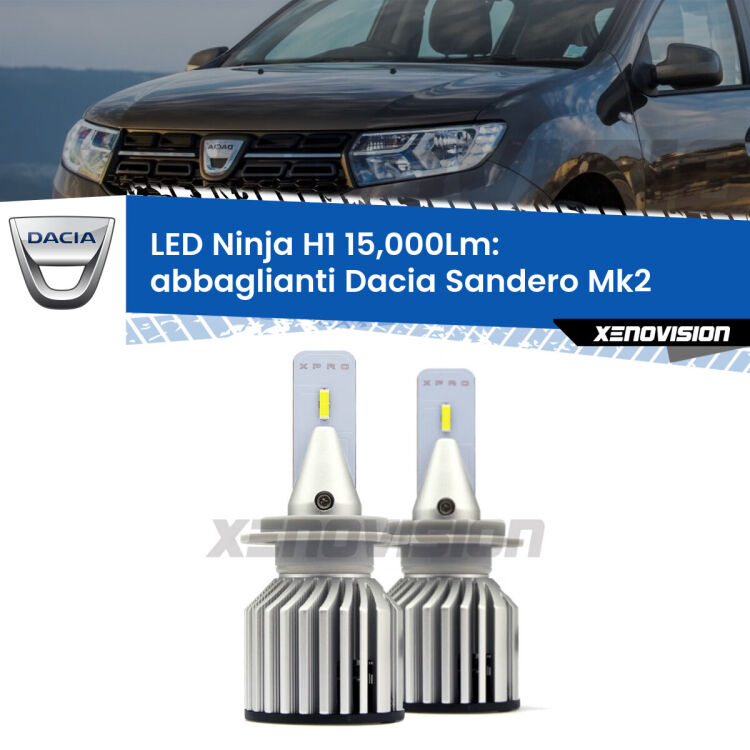 <strong>Kit abbaglianti LED specifico per Dacia Sandero</strong> Mk2 a parabola doppia. Lampade <strong>H1</strong> Canbus da 15.000Lumen di luminosità modello Ninja Xenovision.